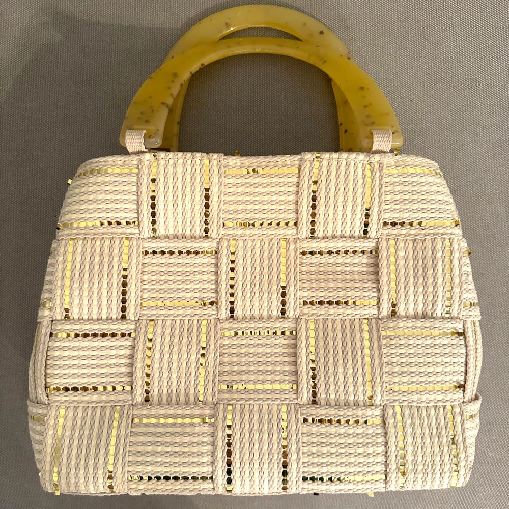 Vintage M&G Bertini Woven Tote Handbag Lucite Handle made in Italy
